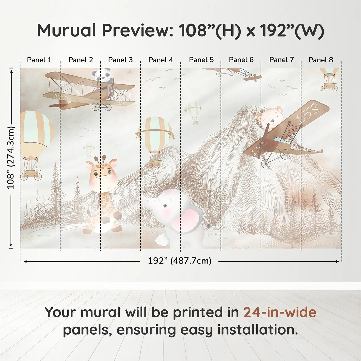 Whimsy Tots Safari Sketchbook Wall Muraldimension view (108" H x 192" W). Printed in eight 24-inch-wide panels. Gender-Neutral