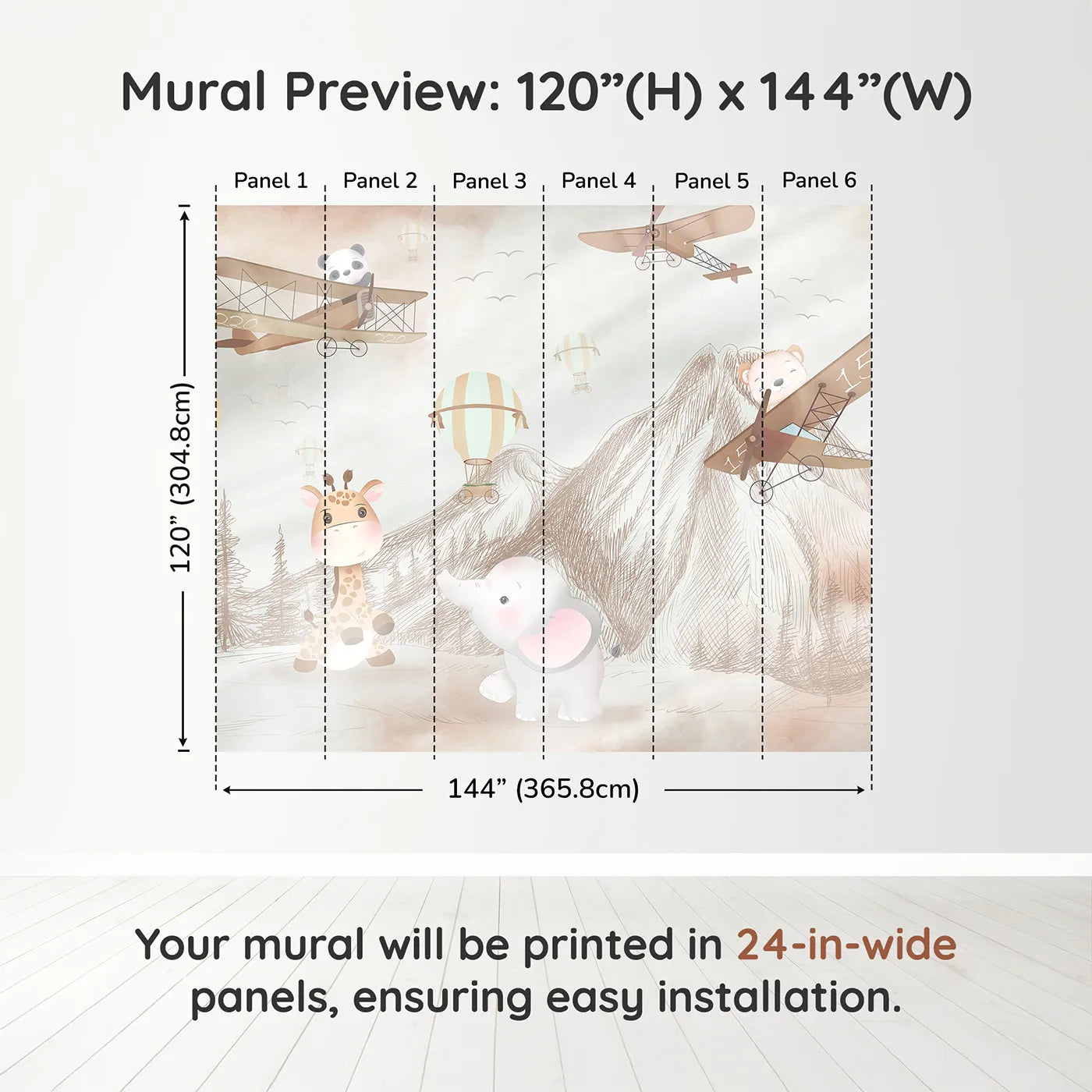 Whimsy Tots Safari Sketchbook Wall Muraldimension view (120" H x 144" W). Printed in six 24-inch-wide panels. Gender-Neutral