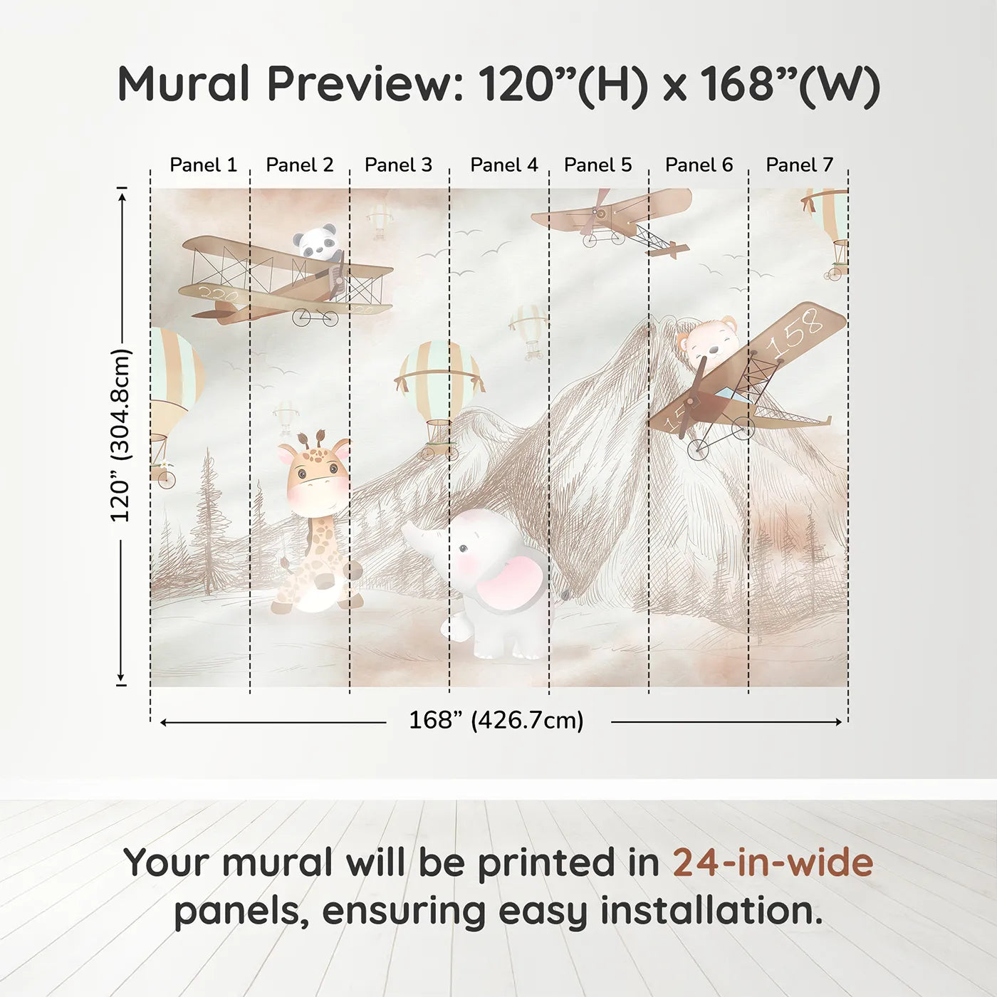 Whimsy Tots Safari Sketchbook Wall Muraldimension view (120" H x 168" W). Printed in seven 24-inch-wide panels. Gender-Neutral