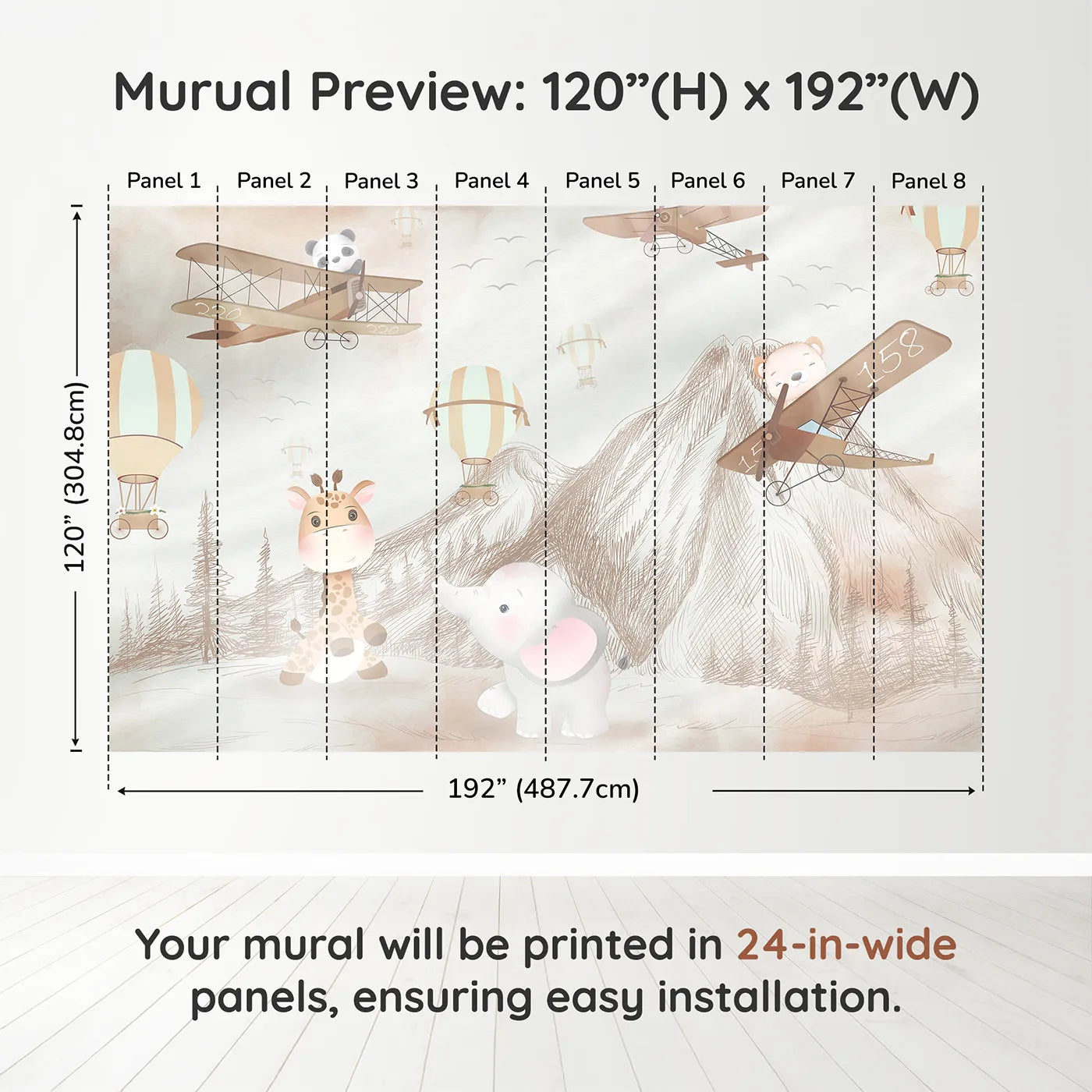 Whimsy Tots Safari Sketchbook Wall Muraldimension view (120" H x 192" W). Printed in eight 24-inch-wide panels. Gender-Neutral