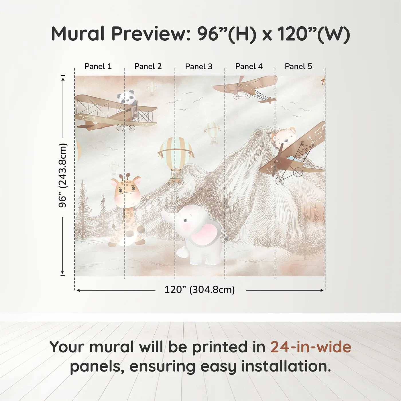 Whimsy Tots Safari Sketchbook Wall Muraldimension view (96" H x 120" W). Printed in five 24-inch-wide panels. Gender-Neutral