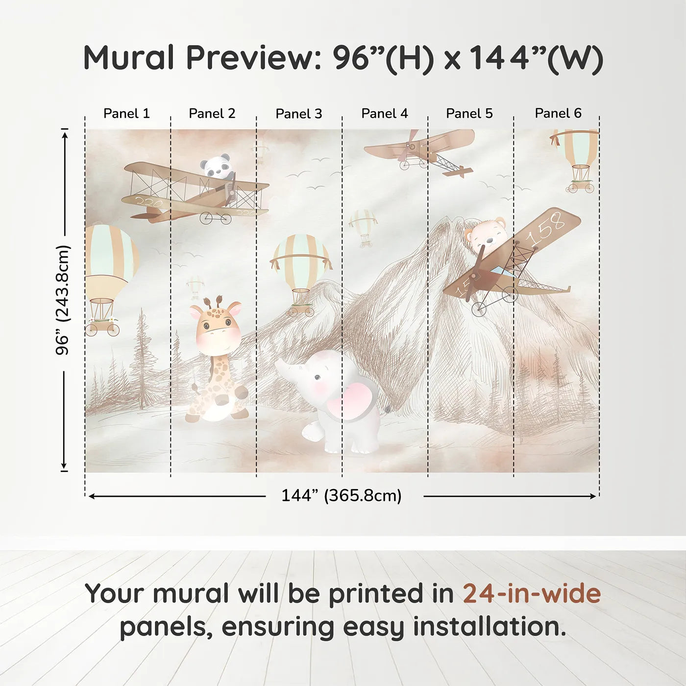 Whimsy Tots Safari Sketchbook Wall Muraldimension view (96" H x 144" W). Printed in six 24-inch-wide panels. Gender-Neutral