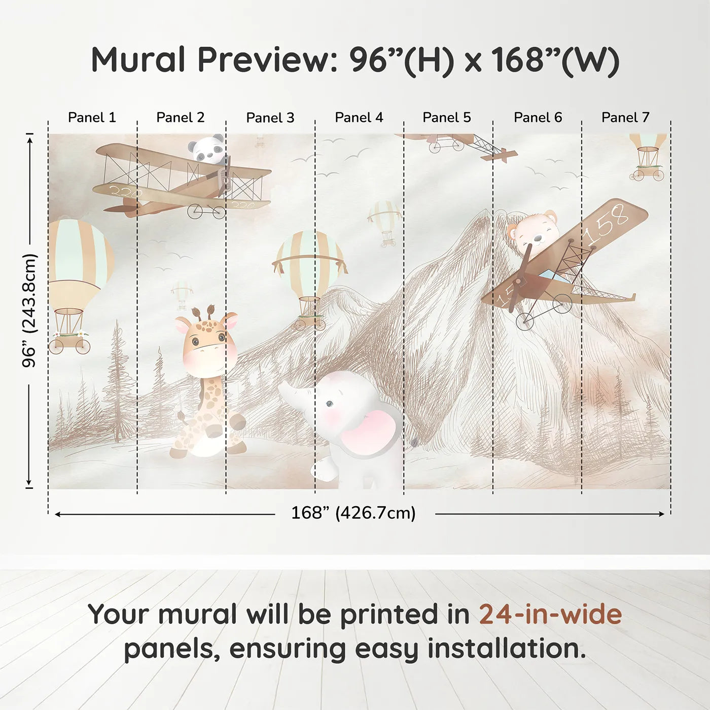 Whimsy Tots Safari Sketchbook Wall Muraldimension view (96" H x 168" W). Printed in seven 24-inch-wide panels. Gender-Neutral