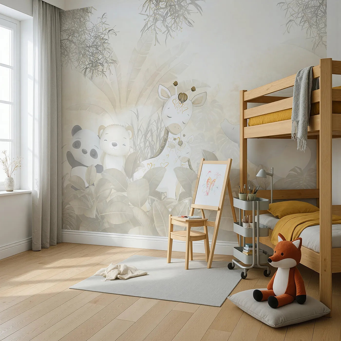 Angled view of Whimsy Tots' Golden Safari Wall Mural (Turn Their Room into a Warm and Gentle Jungle Hideaway).Gender-Neutral