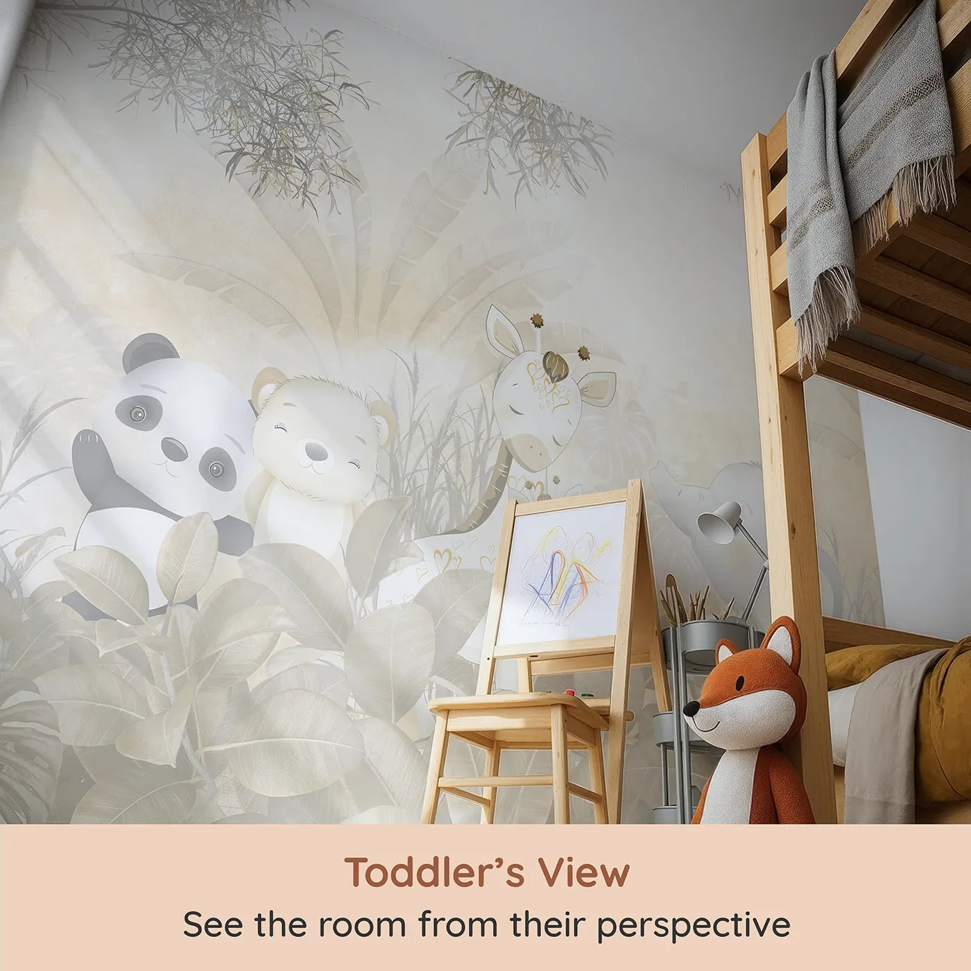 Whimsy Tots Golden Safari Wall Mural (Turn Their Room into a Warm and Gentle Jungle Hideaway) from your child's view.Gender-Neutral