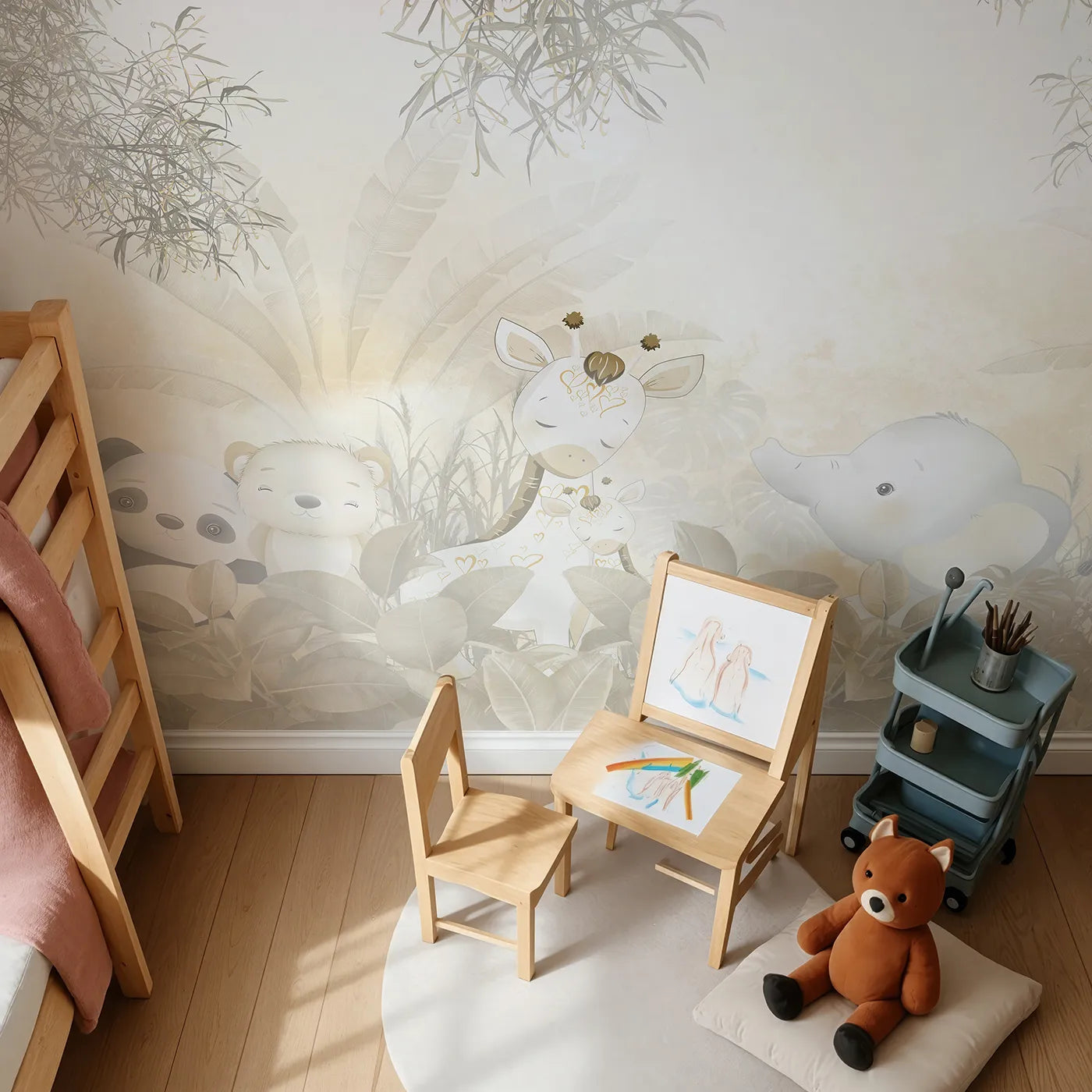 Top-down view of Whimsy Tots' Golden Safari Wall Mural (Turn Their Room into a Warm and Gentle Jungle Hideaway).Gender-Neutral