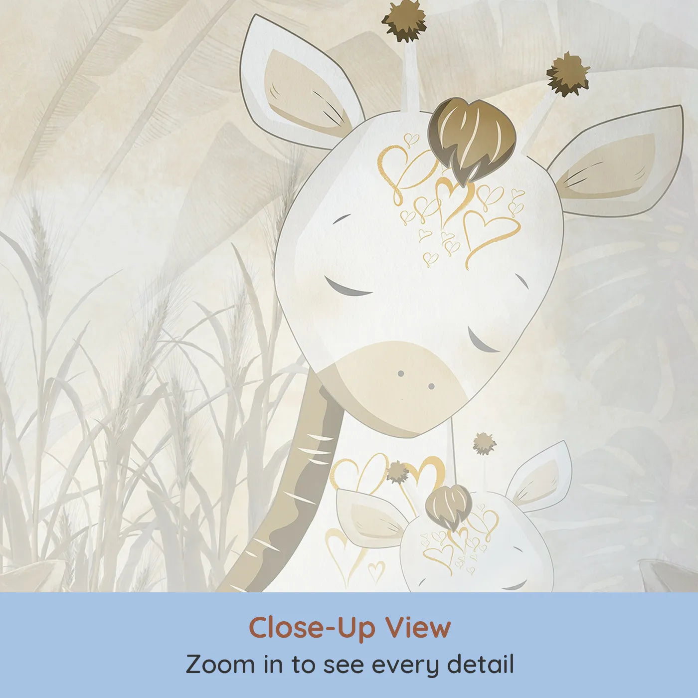 Close-up view of Whimsy Tots' Golden Safari Wall Mural (Turn Their Room into a Warm and Gentle Jungle Hideaway).Gender-Neutral