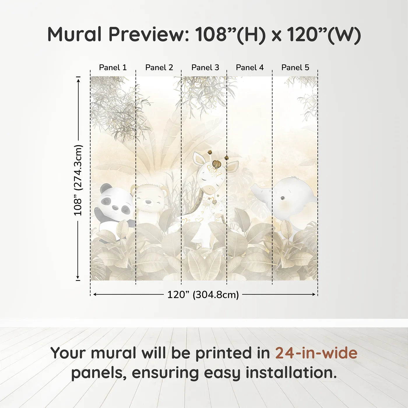 Whimsy Tots Golden Safari Wall Muraldimension view (108" H x 120" W). Printed in five 24-inch-wide panels. Gender-Neutral