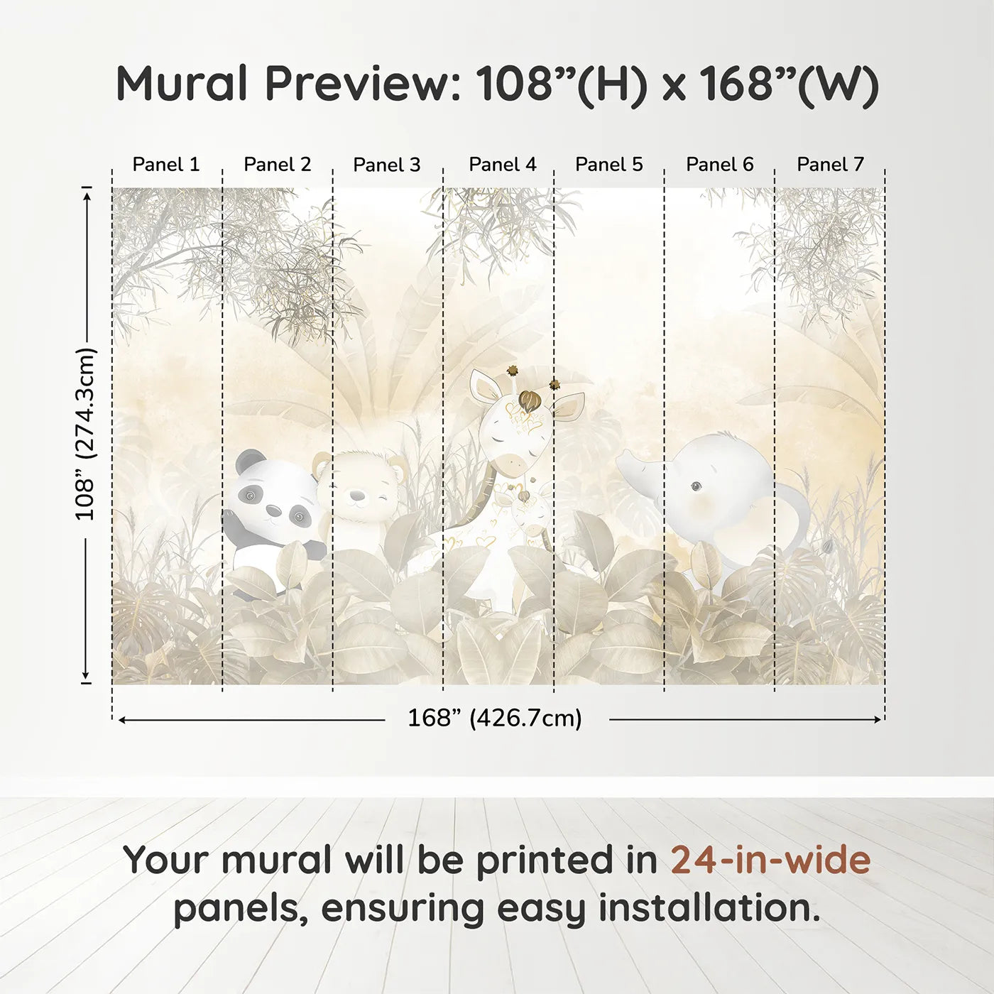 Whimsy Tots Golden Safari Wall Muraldimension view (108" H x 168" W). Printed in seven 24-inch-wide panels. Gender-Neutral