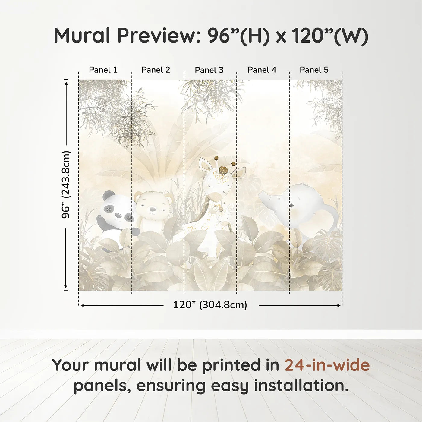 Whimsy Tots Golden Safari Wall Muraldimension view (96" H x 120" W). Printed in five 24-inch-wide panels. Gender-Neutral
