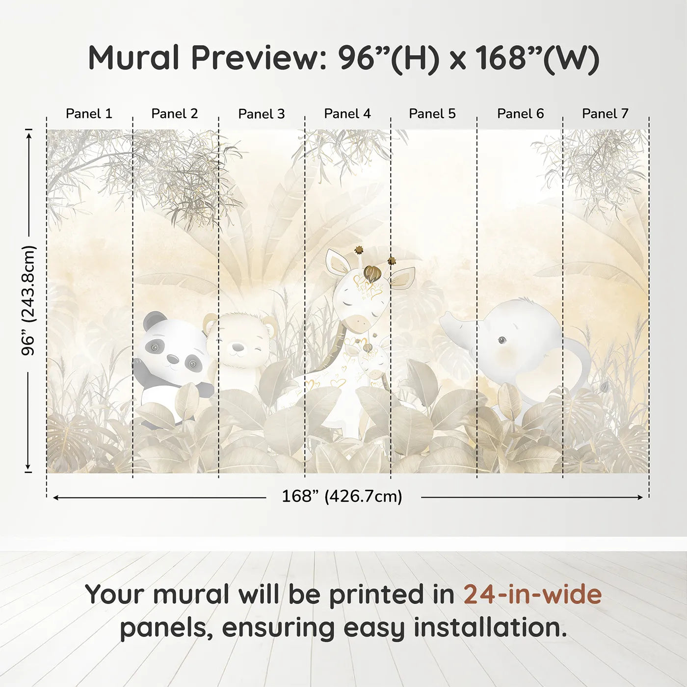 Whimsy Tots Golden Safari Wall Muraldimension view (96" H x 168" W). Printed in seven 24-inch-wide panels. Gender-Neutral