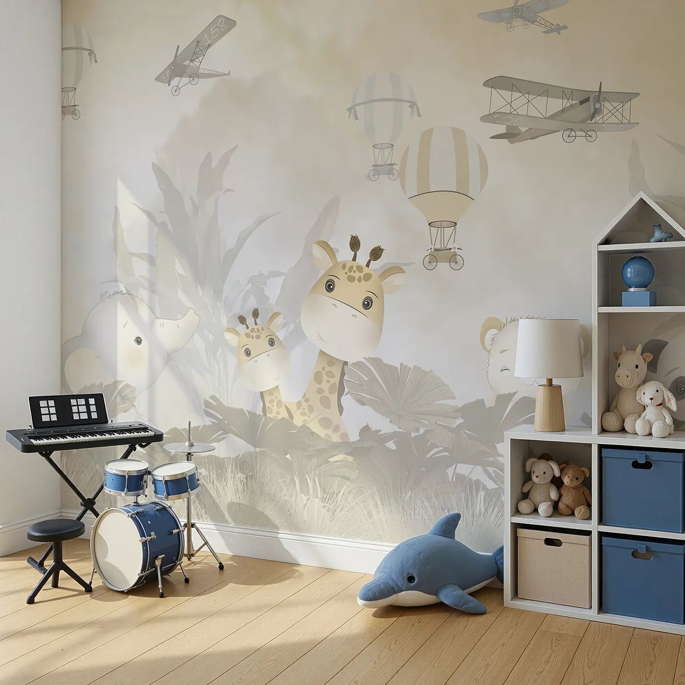 Angled view of Whimsy Tots' Safari Explorer Club Wall Mural (Turn Their Room into a High-Flying Jungle Adventure).Gender-Neutral