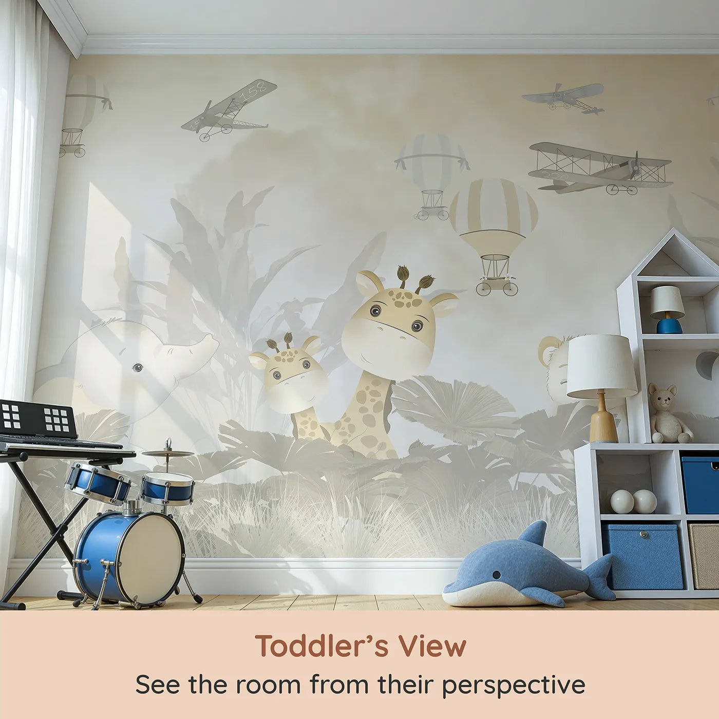 Whimsy Tots Safari Explorer Club Wall Mural (Turn Their Room into a High-Flying Jungle Adventure) from your child's view.Gender-Neutral