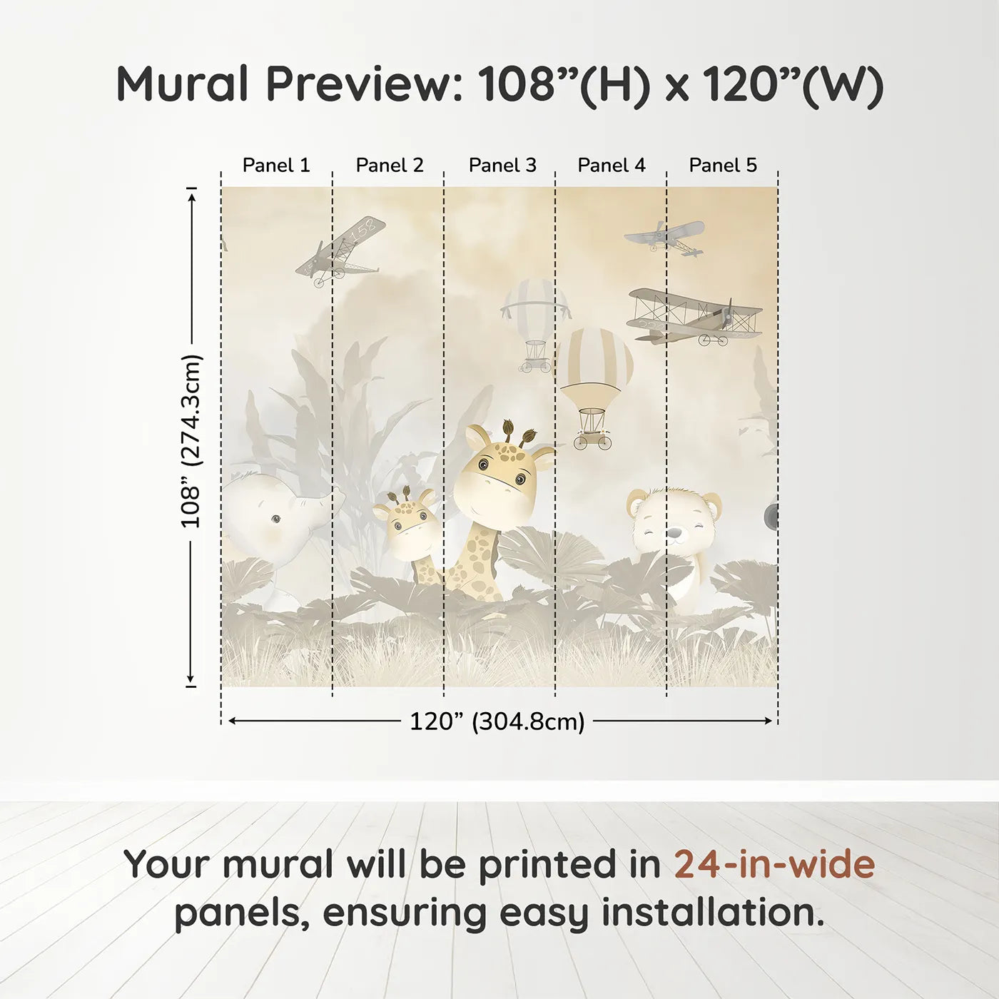 Whimsy Tots Safari Explorer Club Wall Muraldimension view (108" H x 120" W). Printed in five 24-inch-wide panels. Gender-Neutral