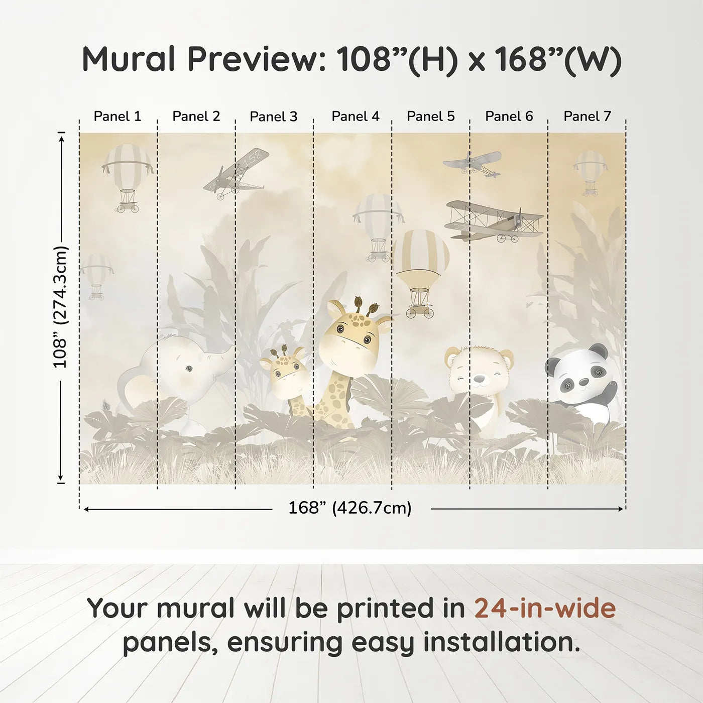 Whimsy Tots Safari Explorer Club Wall Muraldimension view (108" H x 168" W). Printed in seven 24-inch-wide panels. Gender-Neutral