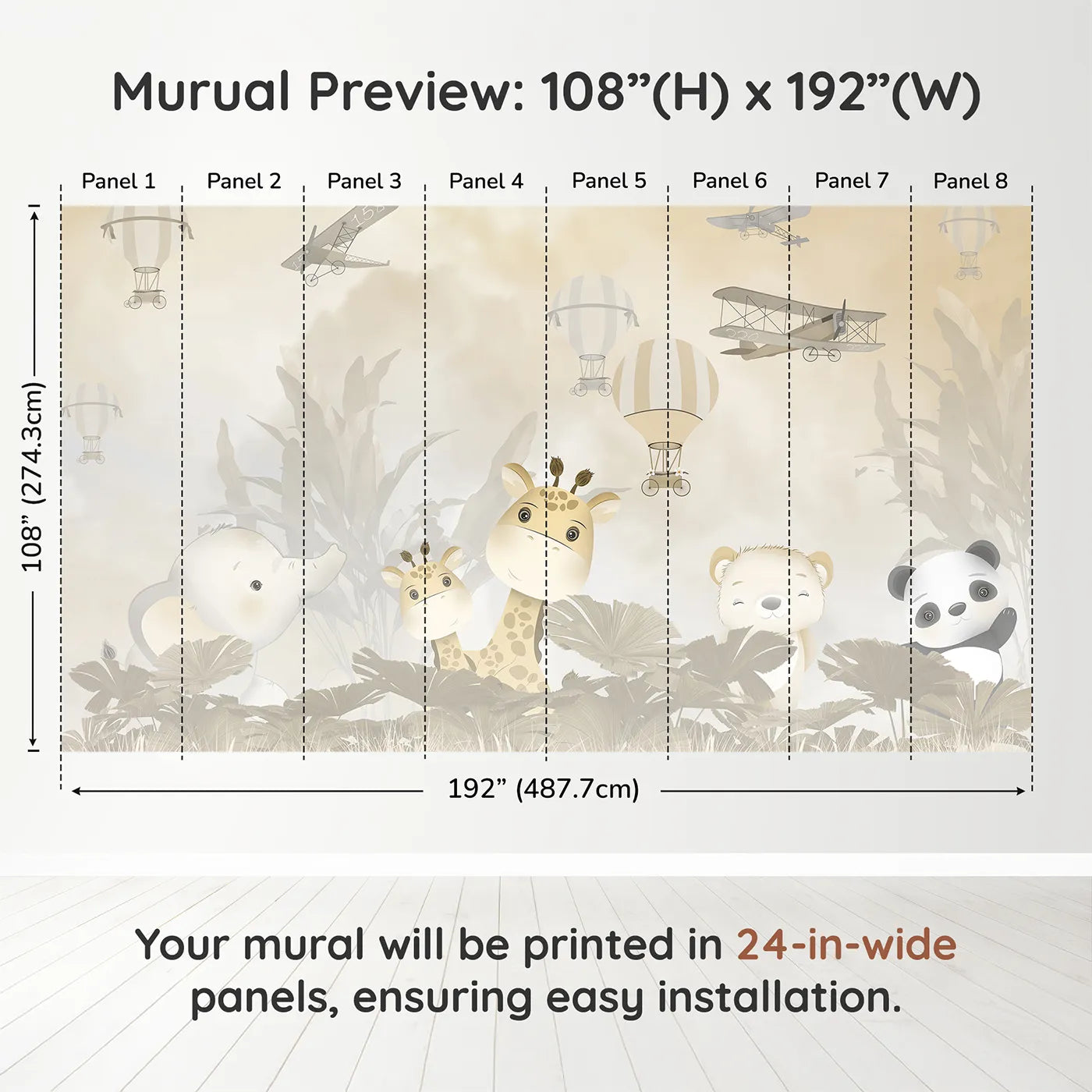 Whimsy Tots Safari Explorer Club Wall Muraldimension view (108" H x 192" W). Printed in eight 24-inch-wide panels. Gender-Neutral