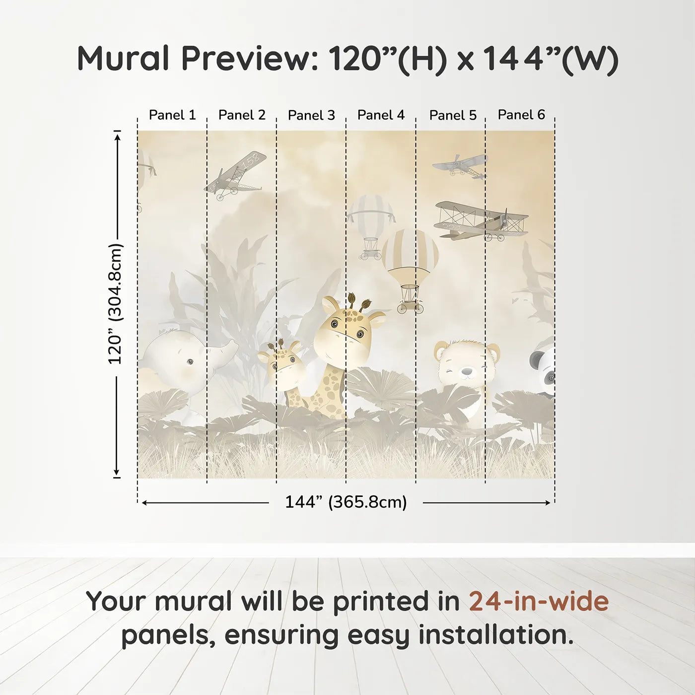 Whimsy Tots Safari Explorer Club Wall Muraldimension view (120" H x 144" W). Printed in six 24-inch-wide panels. Gender-Neutral