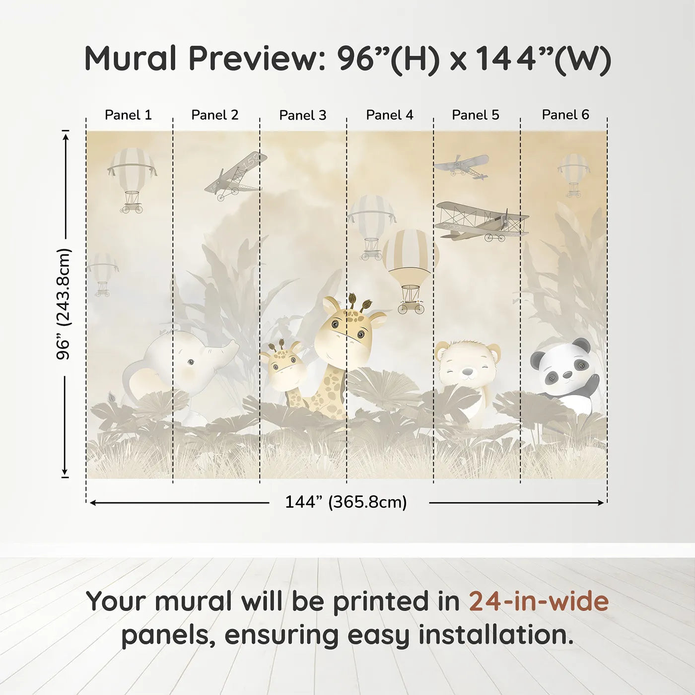 Whimsy Tots Safari Explorer Club Wall Muraldimension view (96" H x 144" W). Printed in six 24-inch-wide panels. Gender-Neutral