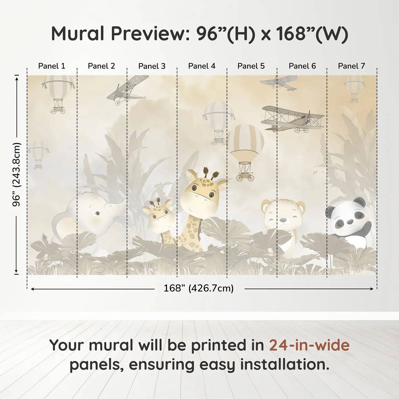 Whimsy Tots Safari Explorer Club Wall Muraldimension view (96" H x 168" W). Printed in seven 24-inch-wide panels. Gender-Neutral