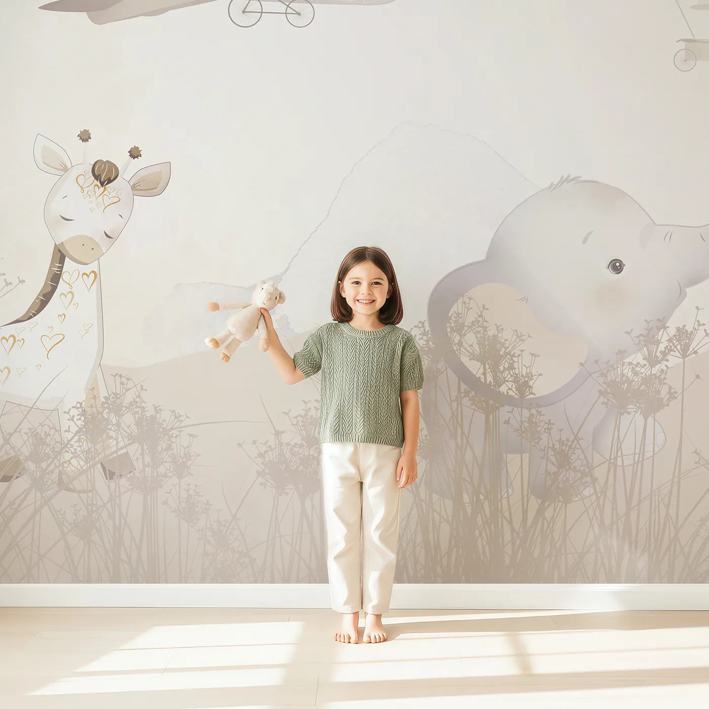 Child in front of Whimsy Tots Gentle Safari Friends Wall Mural with animal, safari, cute, giraffe, elephant, panda, neutral, meadow in design.