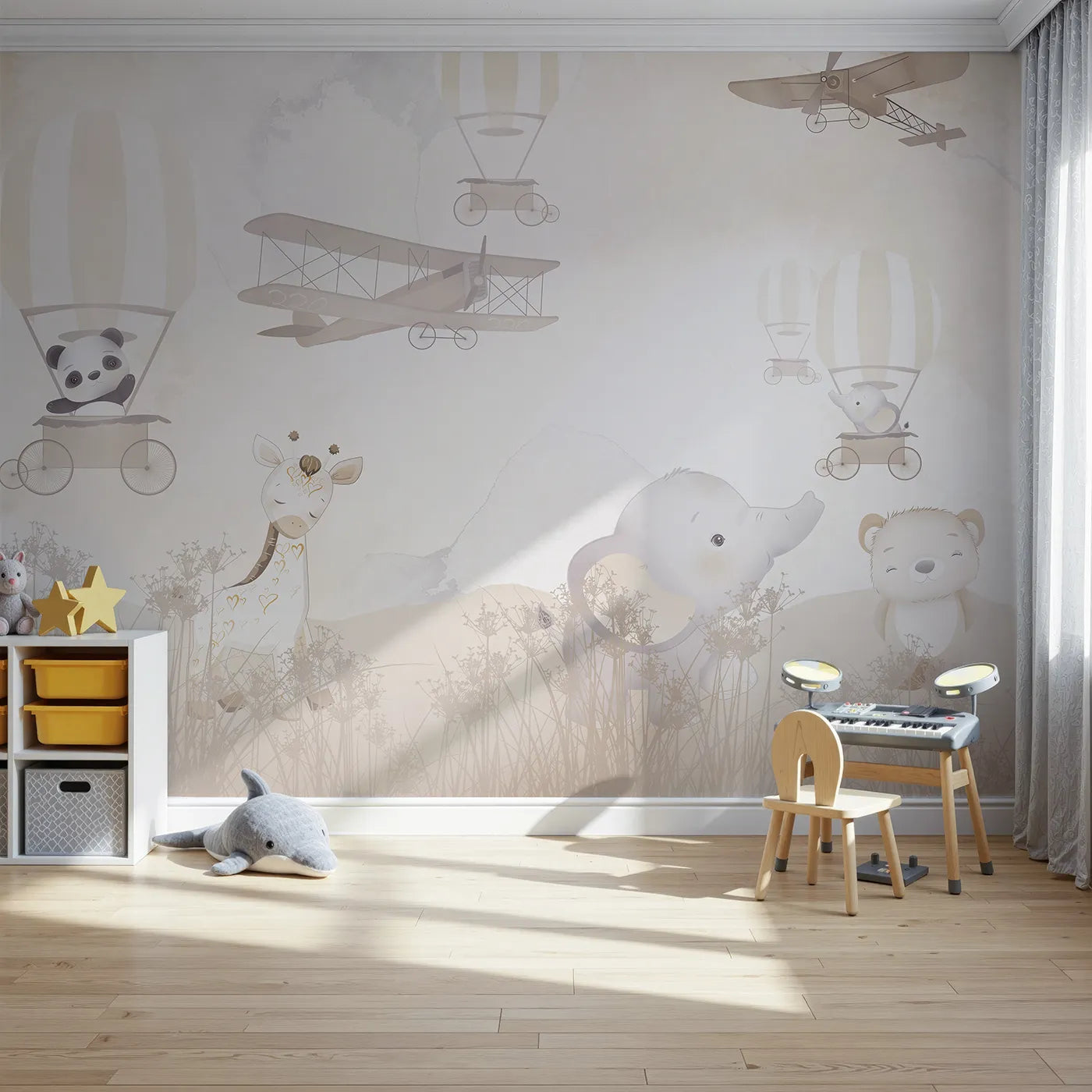 Front view of Whimsy Tots' Gentle Safari Friends Wall Mural