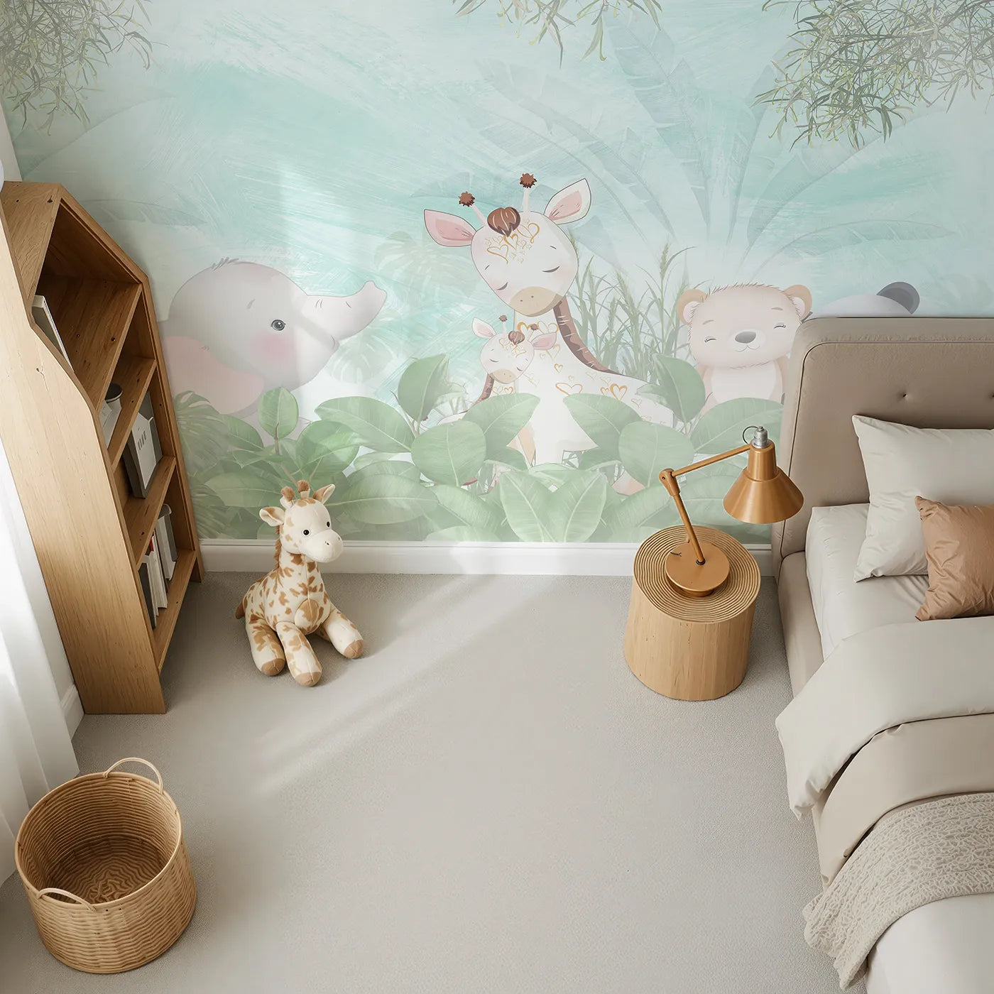Top-down view of Whimsy Tots' Teal Jungle Friends Wall Mural (Turn Their Room into a Lush and Gentle Hideaway).Gender-Neutral