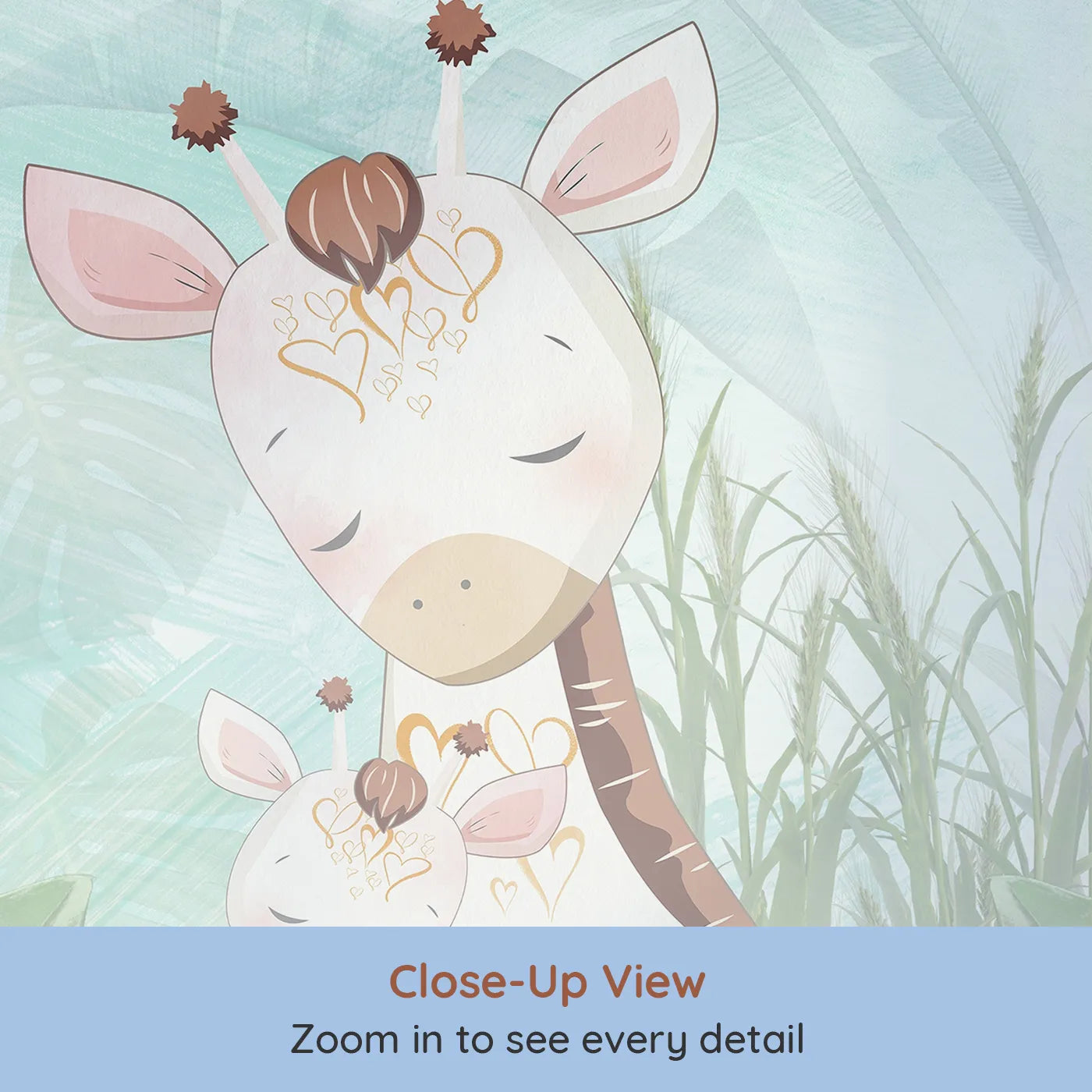 Close-up view of Whimsy Tots' Teal Jungle Friends Wall Mural (Turn Their Room into a Lush and Gentle Hideaway).Gender-Neutral