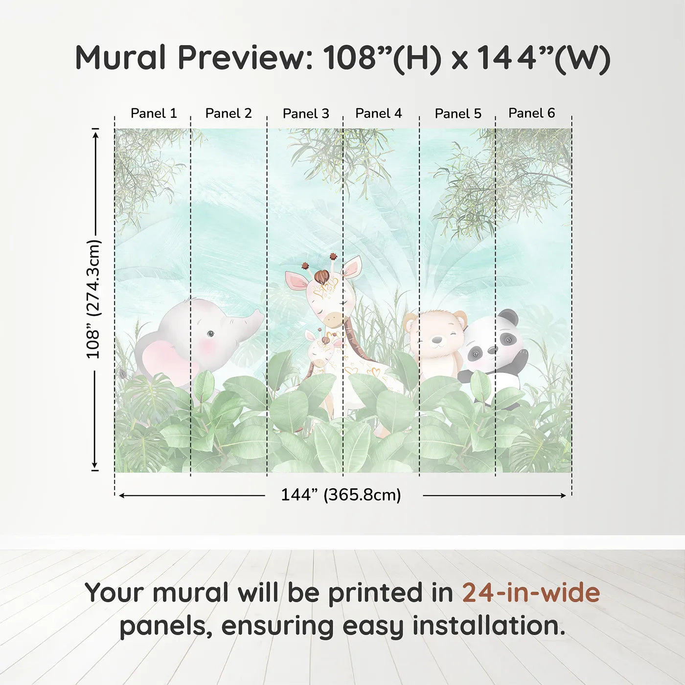 Whimsy Tots Teal Jungle Friends Wall Muraldimension view (108" H x 144" W). Printed in six 24-inch-wide panels. Gender-Neutral