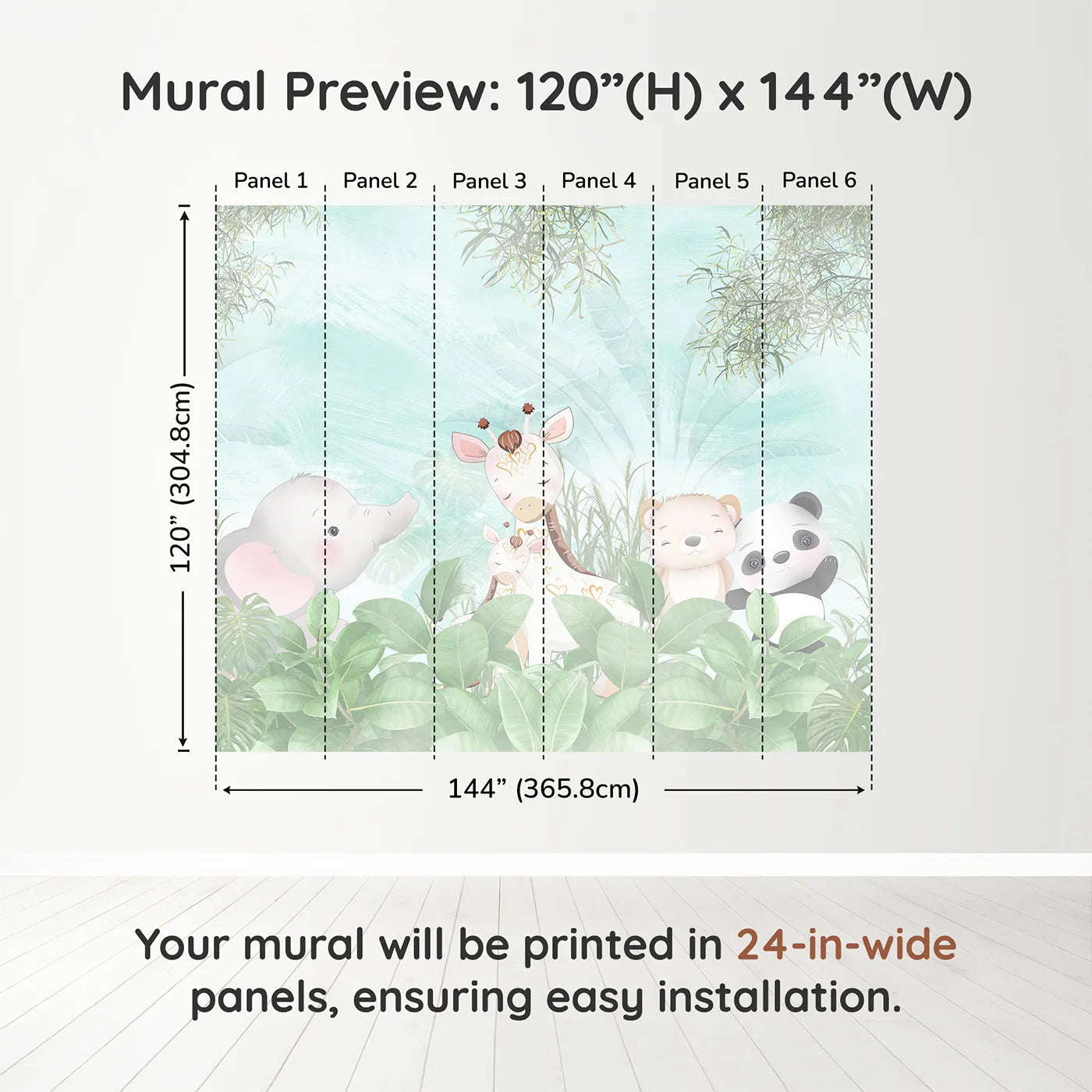 Whimsy Tots Teal Jungle Friends Wall Muraldimension view (120" H x 144" W). Printed in six 24-inch-wide panels. Gender-Neutral
