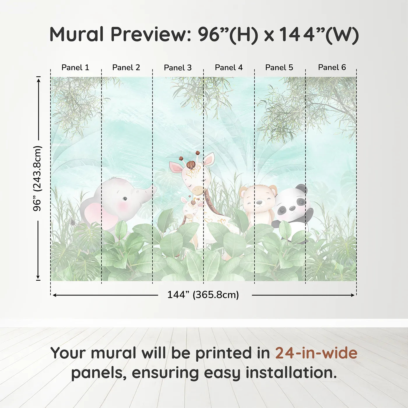 Whimsy Tots Teal Jungle Friends Wall Muraldimension view (96" H x 144" W). Printed in six 24-inch-wide panels. Gender-Neutral