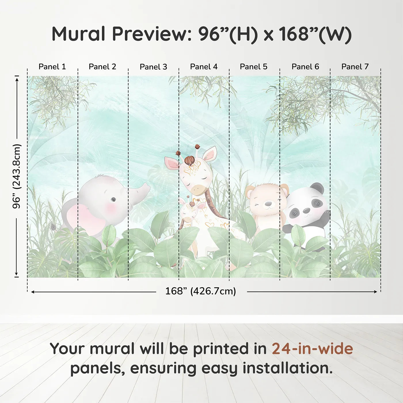 Whimsy Tots Teal Jungle Friends Wall Muraldimension view (96" H x 168" W). Printed in seven 24-inch-wide panels. Gender-Neutral