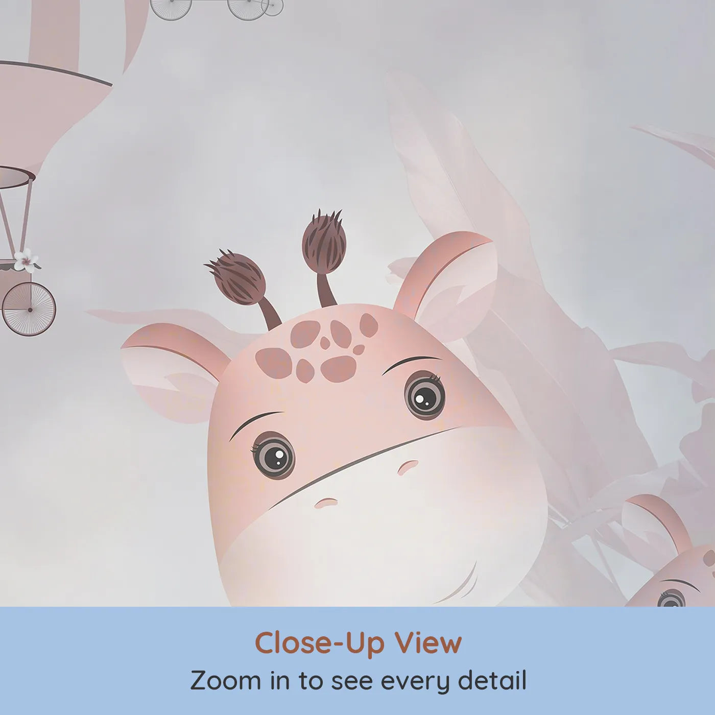 Close-up view of Whimsy Tots' Pink Safari Adventure Wall Mural (Turn Their Room into a High-Flying Jungle Party).Best for Girls