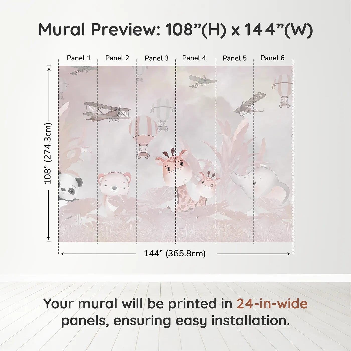 Whimsy Tots Pink Safari Adventure Wall Muraldimension view (108" H x 144" W). Printed in six 24-inch-wide panels. Best for Girls