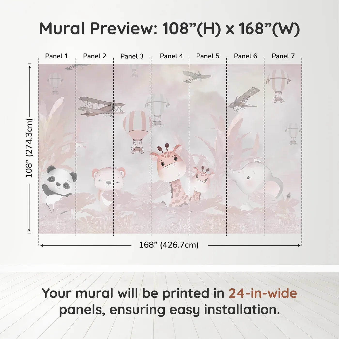 Whimsy Tots Pink Safari Adventure Wall Muraldimension view (108" H x 168" W). Printed in seven 24-inch-wide panels. Best for Girls