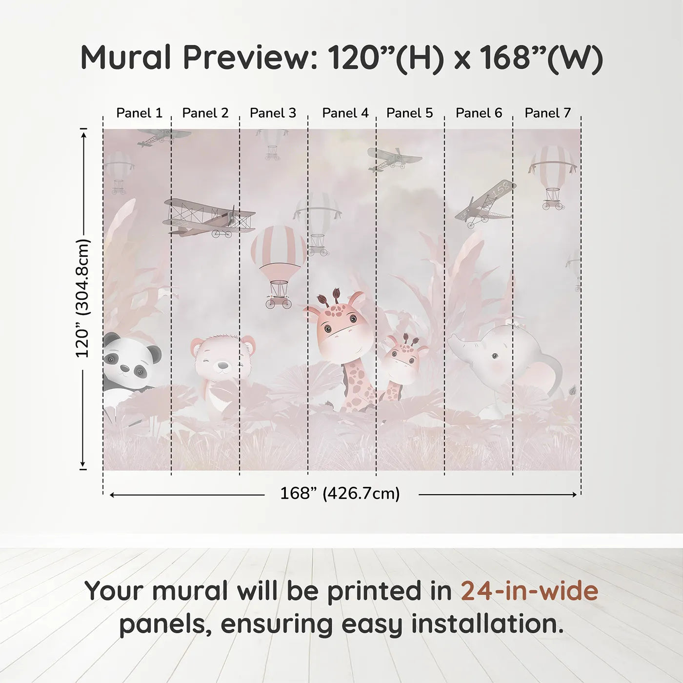 Whimsy Tots Pink Safari Adventure Wall Muraldimension view (120" H x 168" W). Printed in seven 24-inch-wide panels. Best for Girls