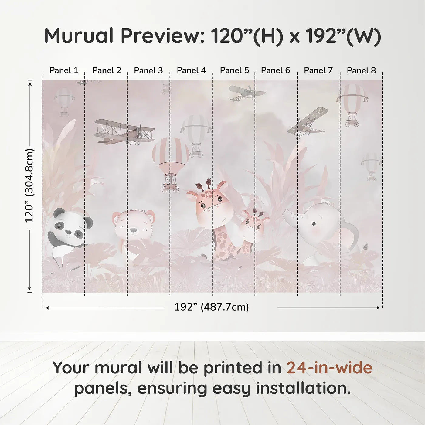 Whimsy Tots Pink Safari Adventure Wall Muraldimension view (120" H x 192" W). Printed in eight 24-inch-wide panels. Best for Girls