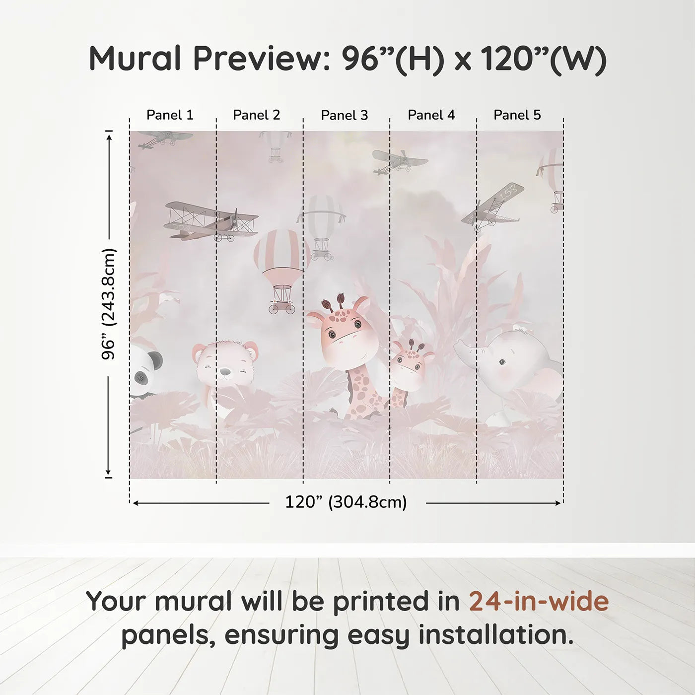 Whimsy Tots Pink Safari Adventure Wall Muraldimension view (96" H x 120" W). Printed in five 24-inch-wide panels. Best for Girls