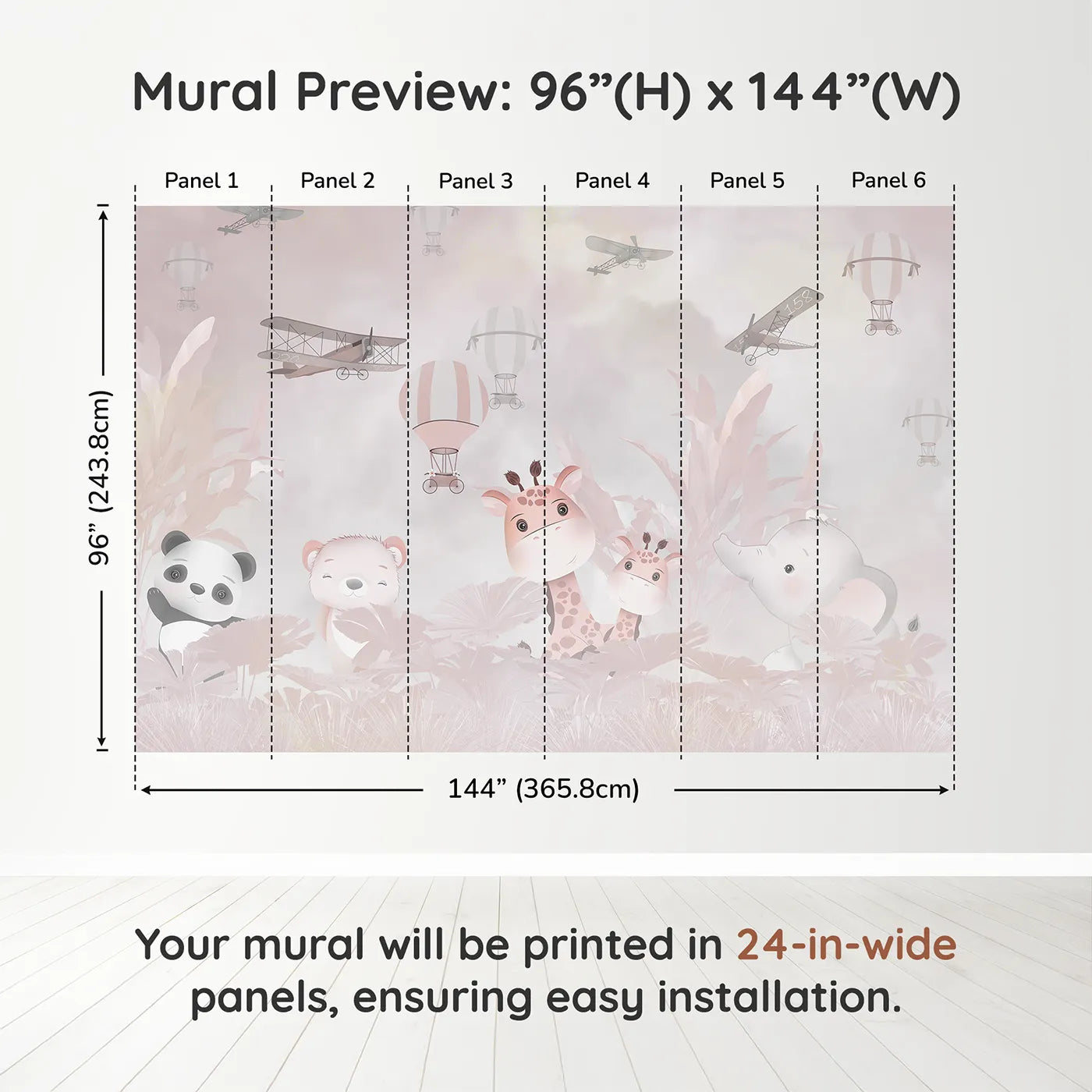 Whimsy Tots Pink Safari Adventure Wall Muraldimension view (96" H x 144" W). Printed in six 24-inch-wide panels. Best for Girls