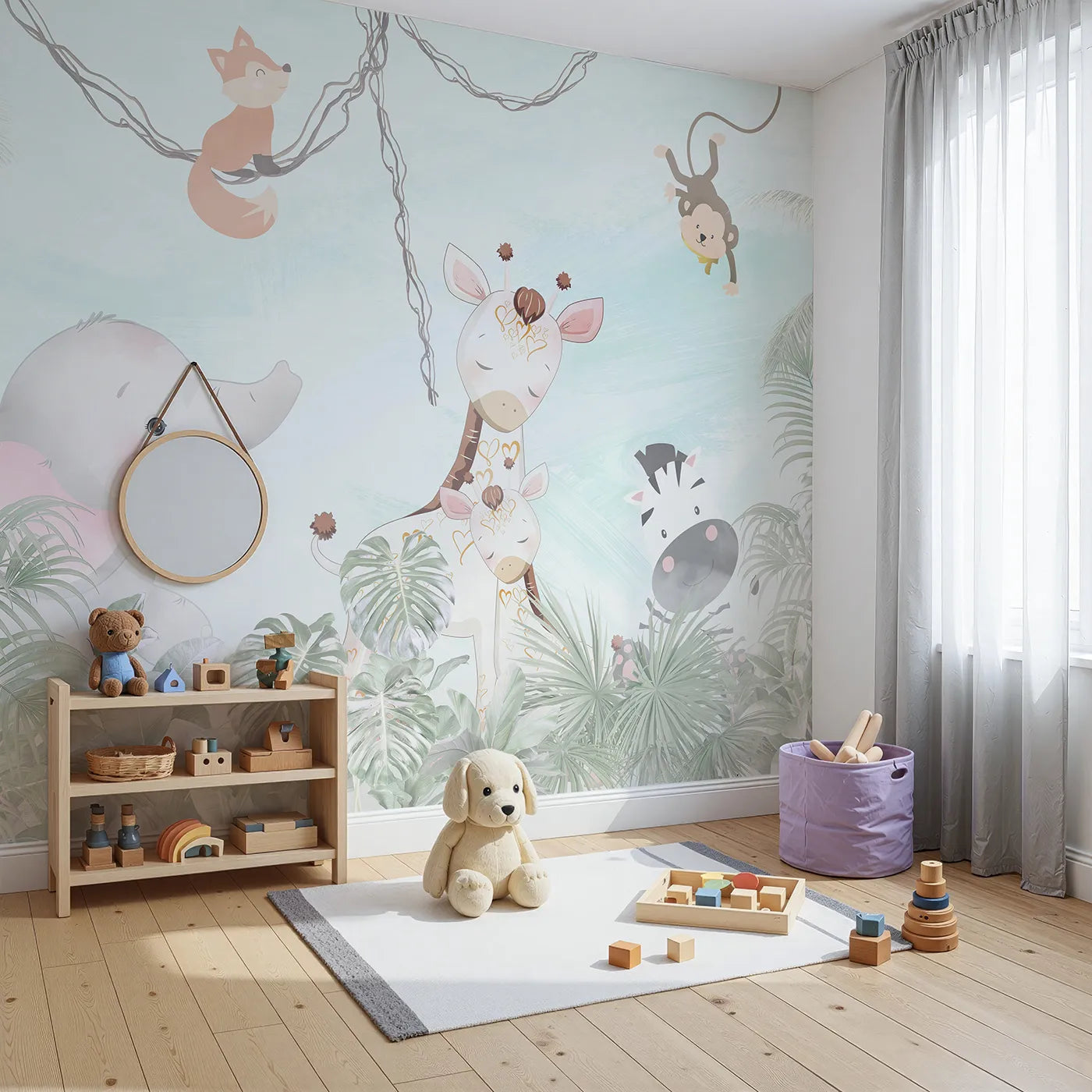 Angled view of Whimsy Tots' Jungle Friends Gathering Wall Mural (Turn Their Room into a Sweet and Gentle Safari Scene).Gender-Neutral