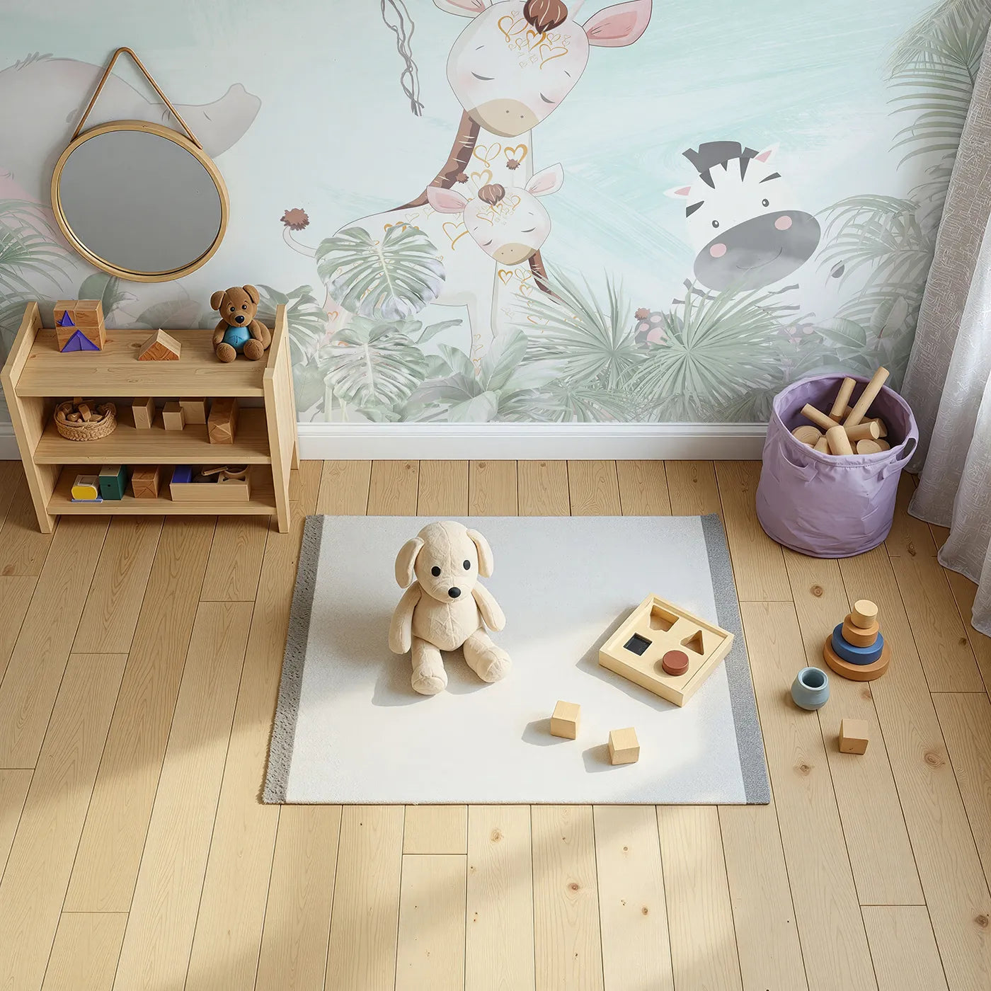 Top-down view of Whimsy Tots' Jungle Friends Gathering Wall Mural (Turn Their Room into a Sweet and Gentle Safari Scene).Gender-Neutral
