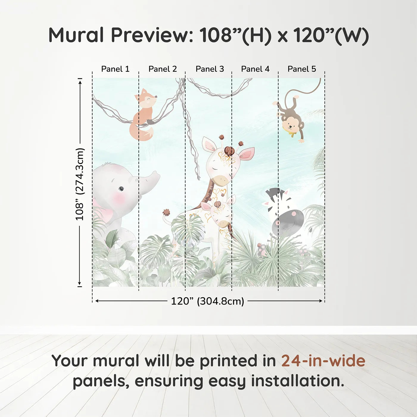 Whimsy Tots Jungle Friends Gathering Wall Muraldimension view (108" H x 120" W). Printed in five 24-inch-wide panels. Gender-Neutral