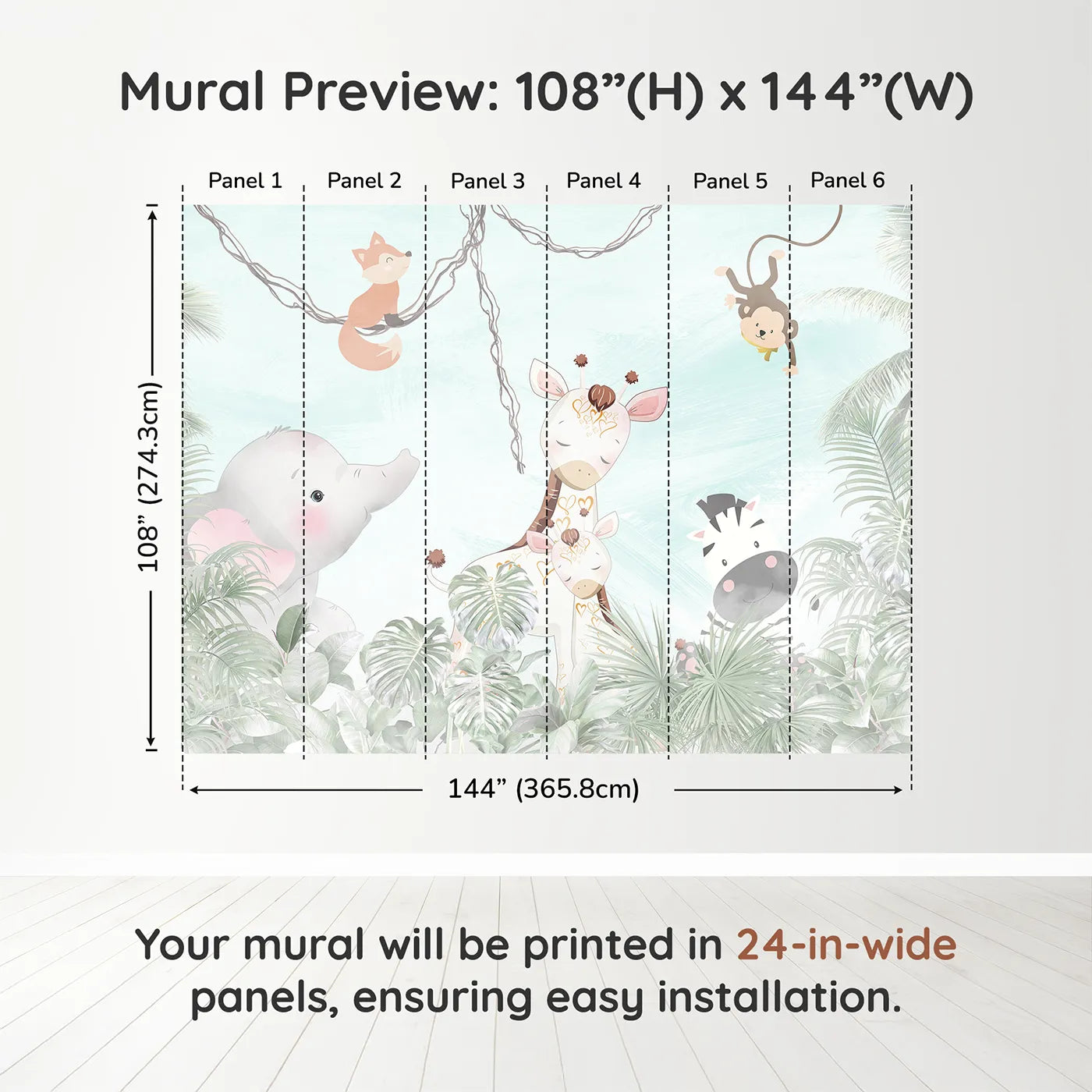 Whimsy Tots Jungle Friends Gathering Wall Muraldimension view (108" H x 144" W). Printed in six 24-inch-wide panels. Gender-Neutral