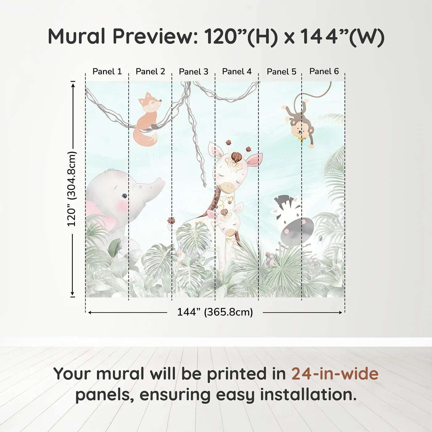Whimsy Tots Jungle Friends Gathering Wall Muraldimension view (120" H x 144" W). Printed in six 24-inch-wide panels. Gender-Neutral