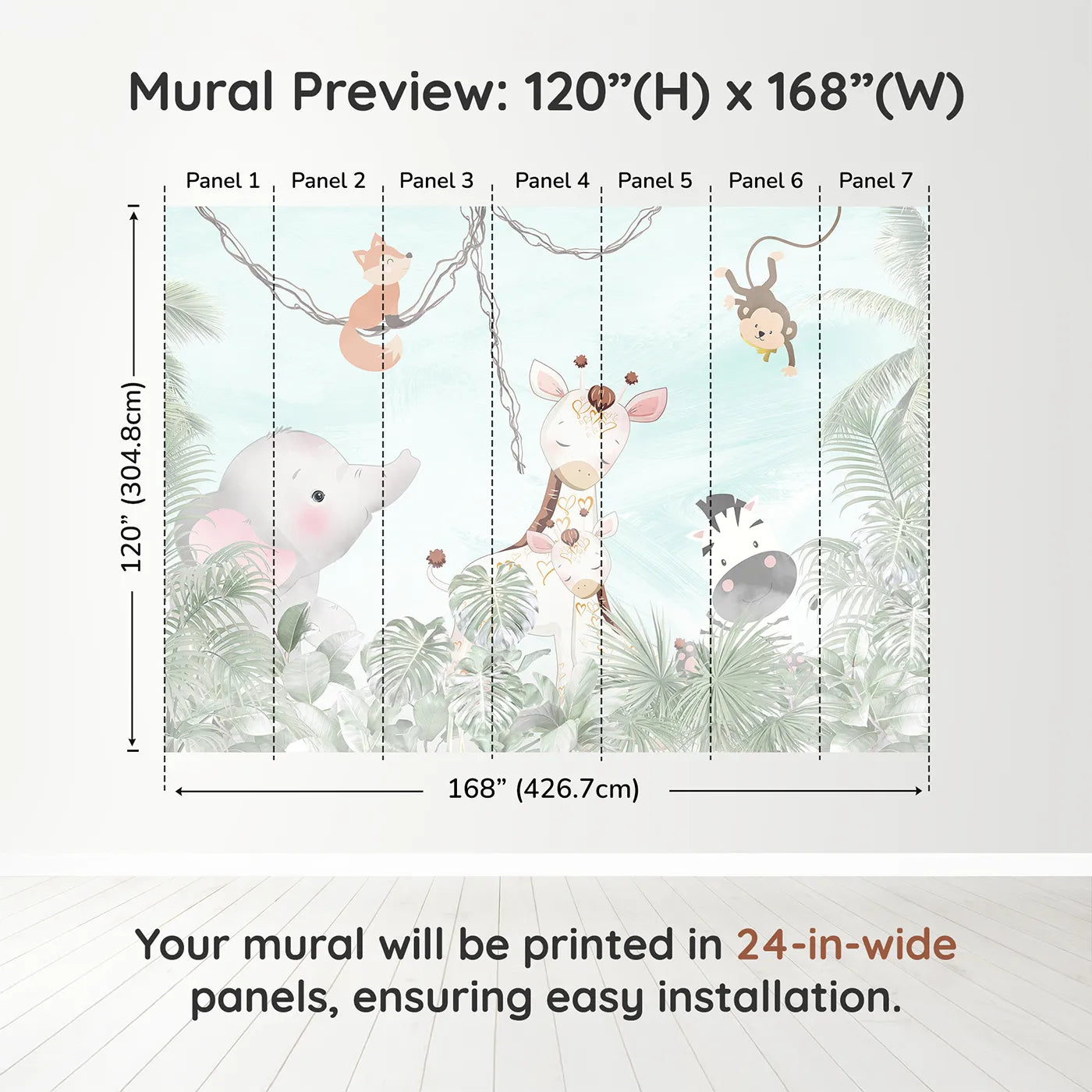 Whimsy Tots Jungle Friends Gathering Wall Muraldimension view (120" H x 168" W). Printed in seven 24-inch-wide panels. Gender-Neutral