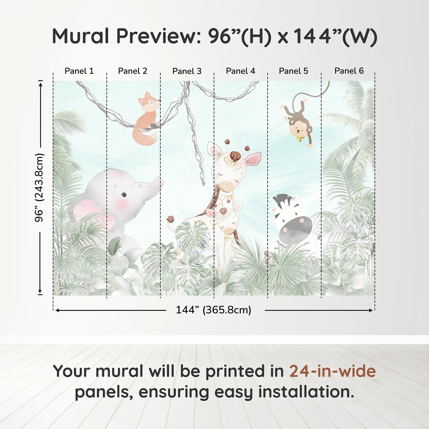 Whimsy Tots Jungle Friends Gathering Wall Muraldimension view (96" H x 144" W). Printed in six 24-inch-wide panels. Gender-Neutral
