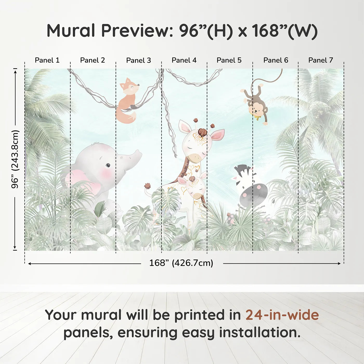 Whimsy Tots Jungle Friends Gathering Wall Muraldimension view (96" H x 168" W). Printed in seven 24-inch-wide panels. Gender-Neutral
