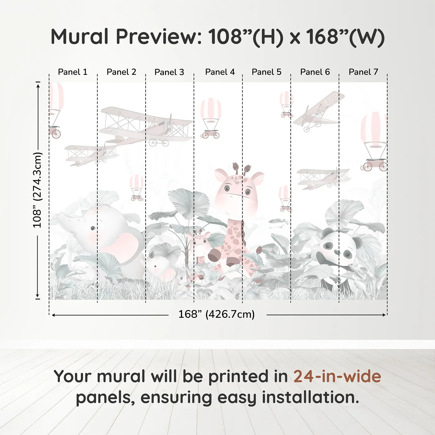 Whimsy Tots Pink Safari Aviators Wall Muraldimension view (108" H x 168" W). Printed in seven 24-inch-wide panels. Best for Girls