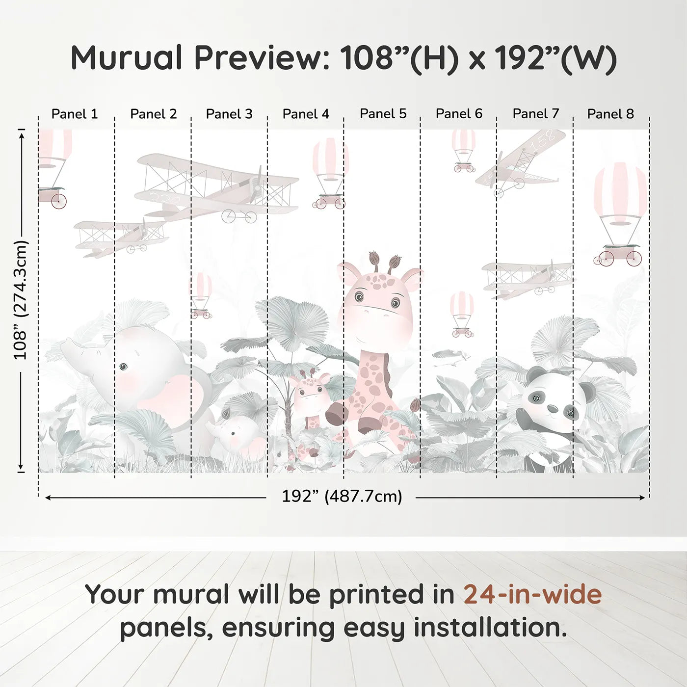 Whimsy Tots Pink Safari Aviators Wall Muraldimension view (108" H x 192" W). Printed in eight 24-inch-wide panels. Best for Girls