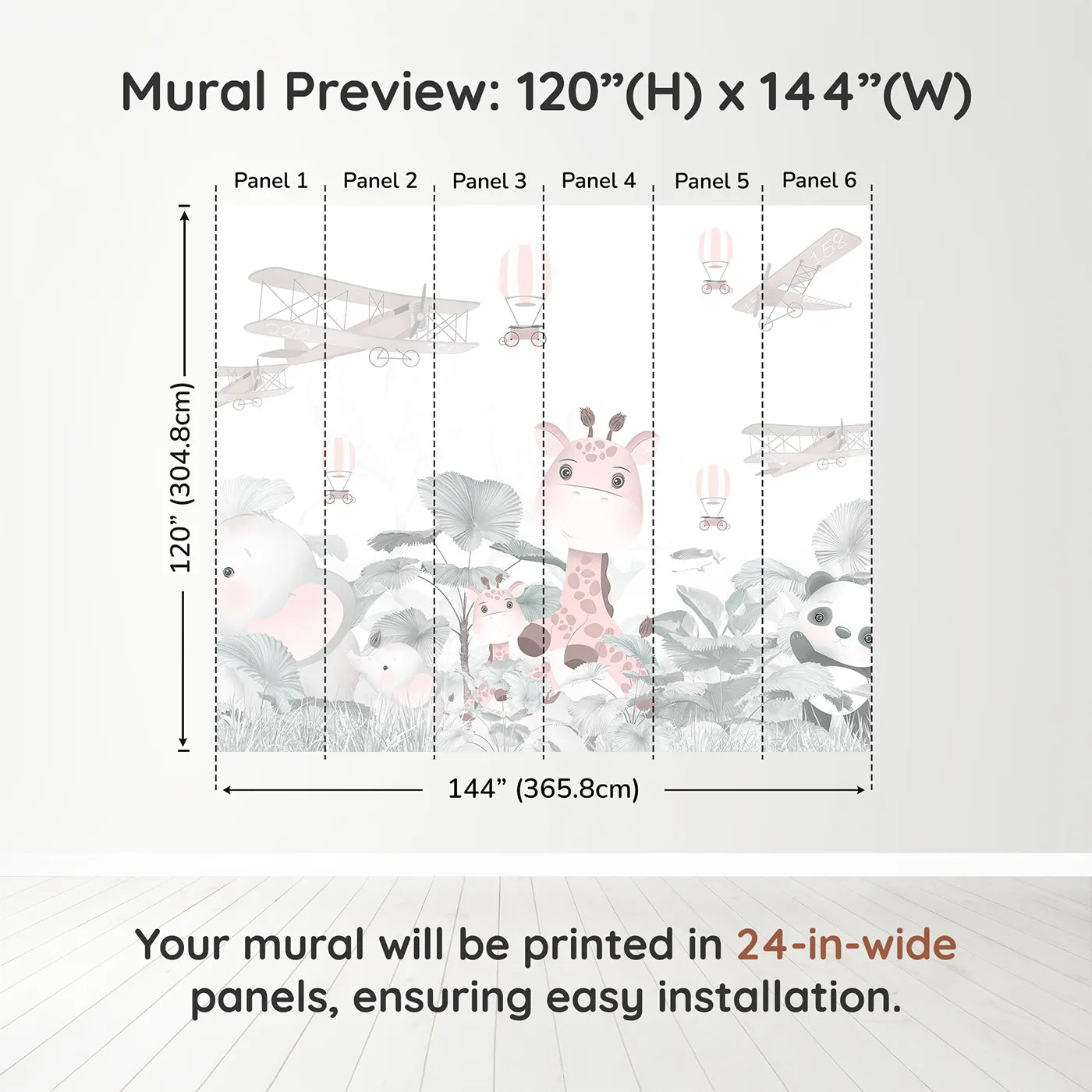 Whimsy Tots Pink Safari Aviators Wall Muraldimension view (120" H x 144" W). Printed in six 24-inch-wide panels. Best for Girls