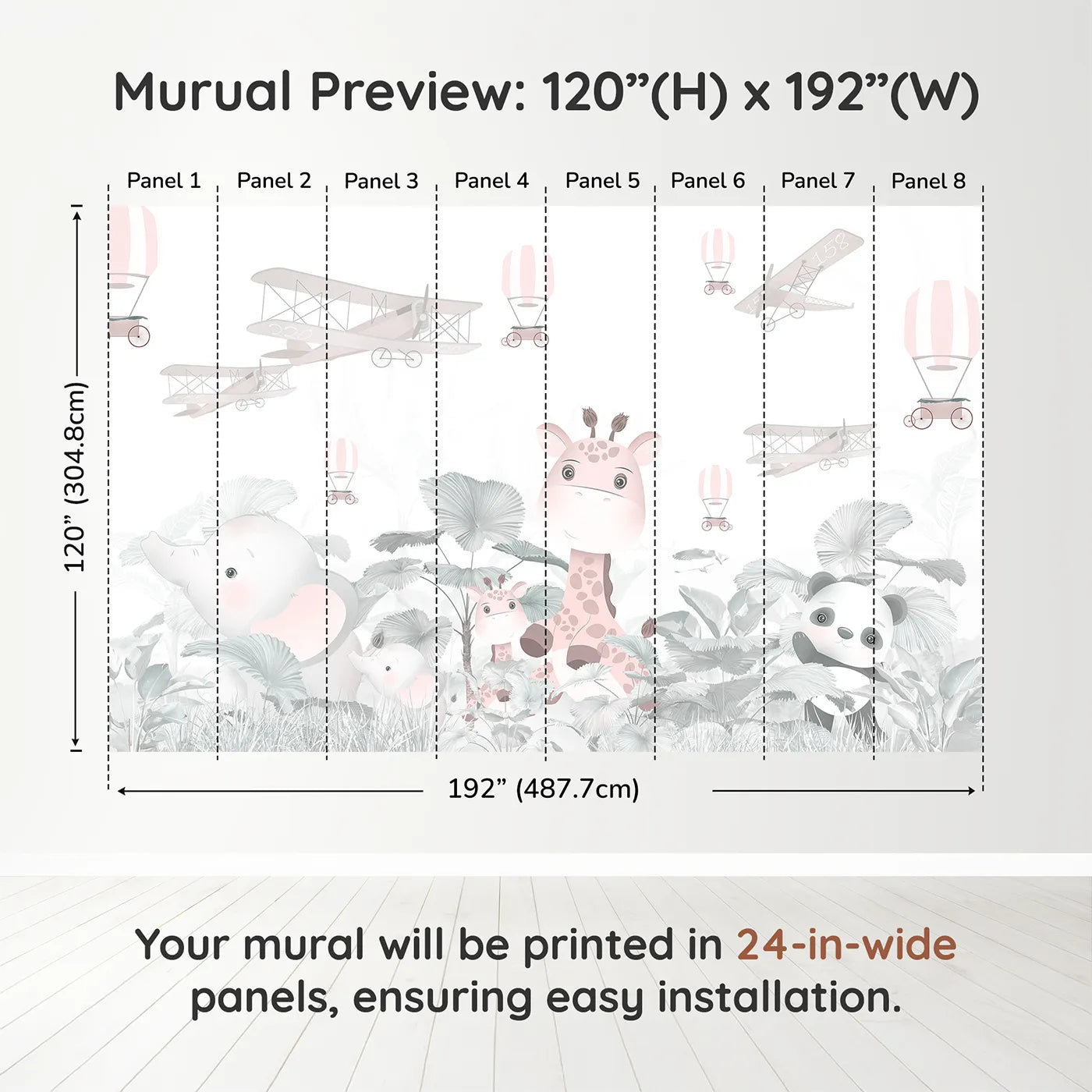 Whimsy Tots Pink Safari Aviators Wall Muraldimension view (120" H x 192" W). Printed in eight 24-inch-wide panels. Best for Girls